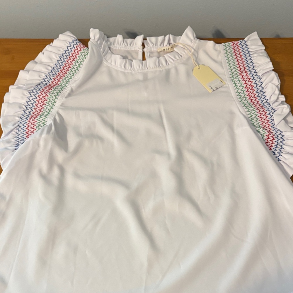 JODIFL White Ruffle Sleeve Top with Multicolor Smocking